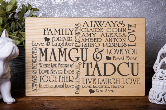 Mamgu & Tadcu Personalised Cross Laser Engraved Wood Board