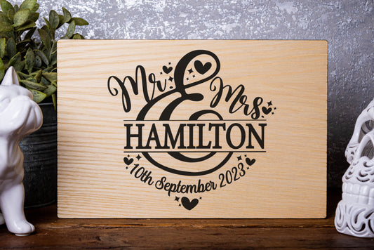 Mr & Mrs Wedding or Anniversary Personalised Laser Engraved Wood Board Landscape