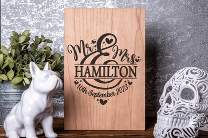 Mr & Mrs Wedding or Anniversary Personalised Laser Engraved Wood Board Portrait