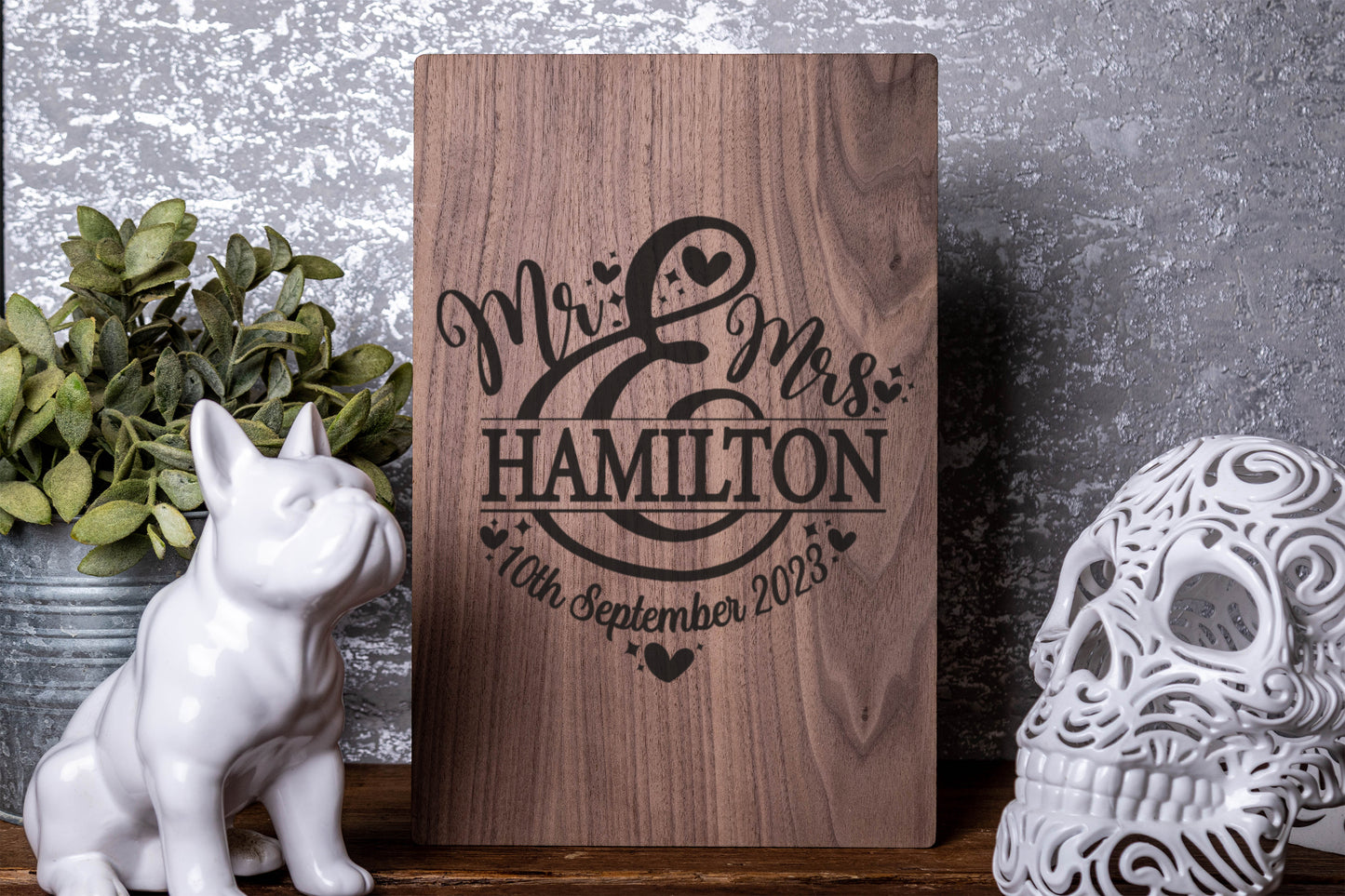 Mr & Mrs Wedding or Anniversary Personalised Laser Engraved Wood Board Portrait