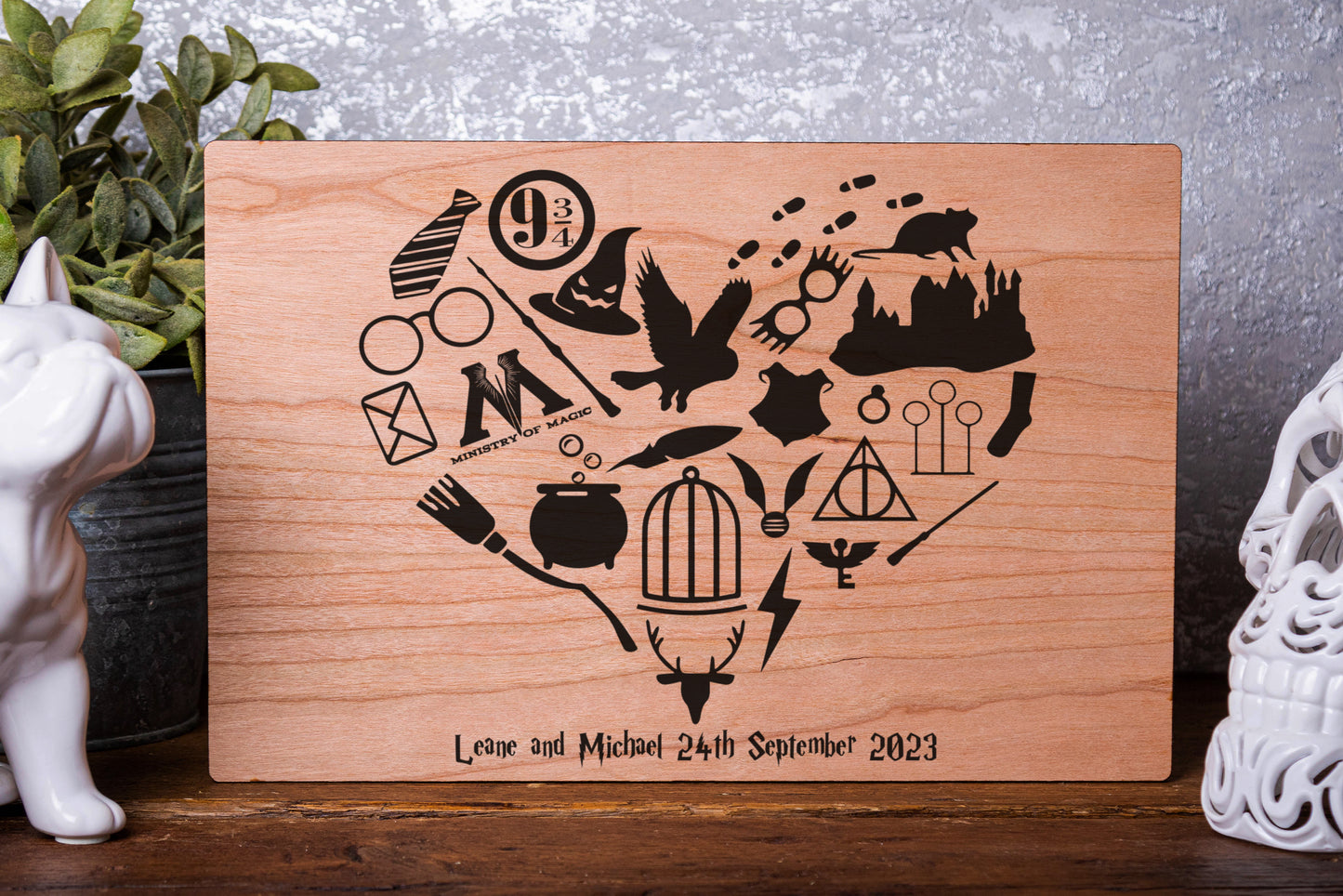 Harry Potter Style Wedding or Anniversary Heart Personalised Laser Engraved Wood Board