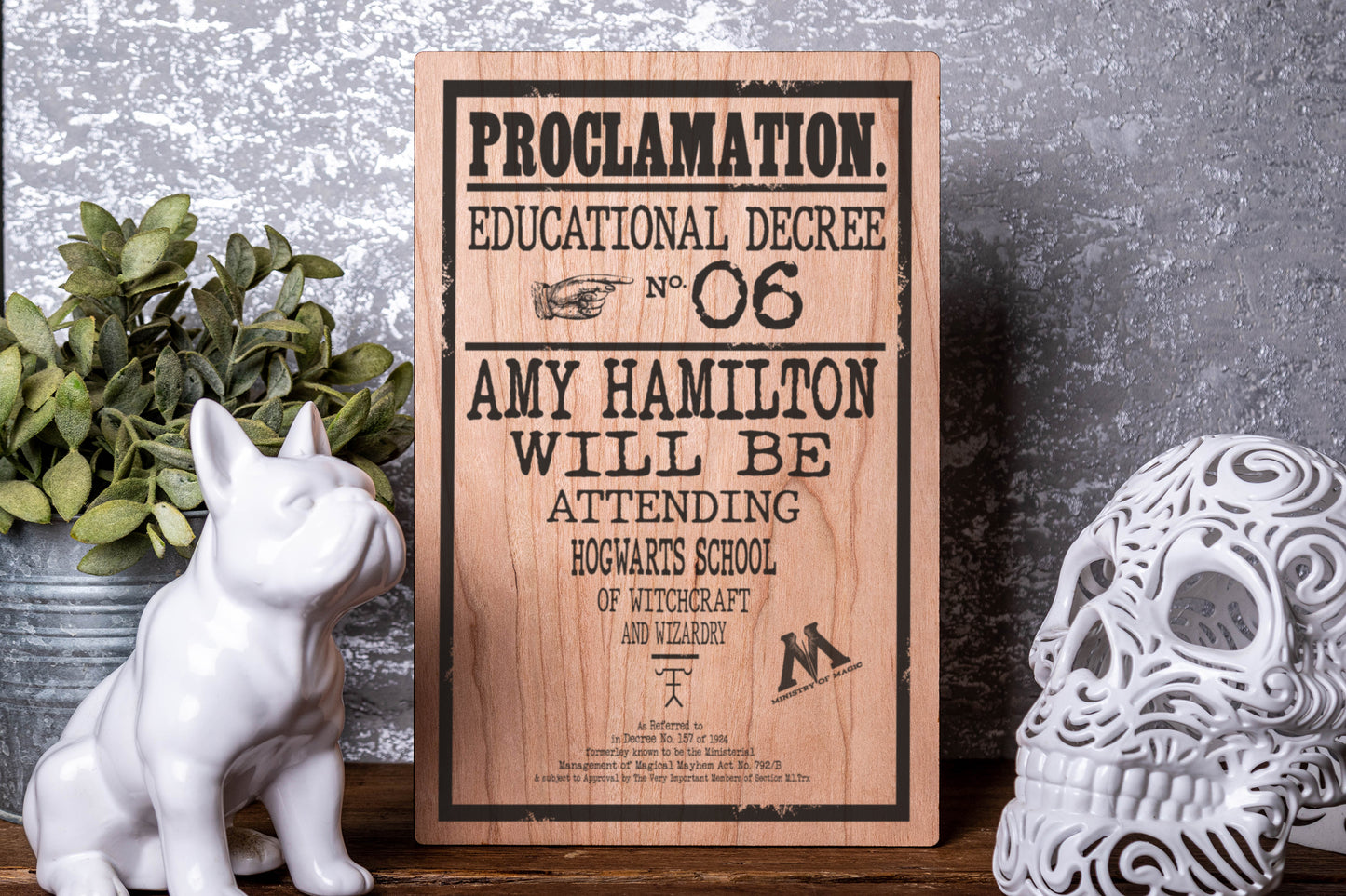 Harry Potter Style Attending Hogwarts Proclamation Personalised Laser Engraved Wood Board