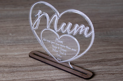 Mum Heart Shaped Laser Cut Acrylic Plaque