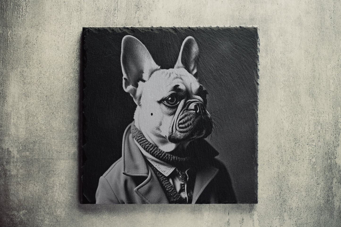 Laser Engraved Coaster with a French Bulldog in Victorian Clothes