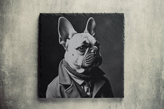 Laser Engraved Coaster with a French Bulldog in Victorian Clothes