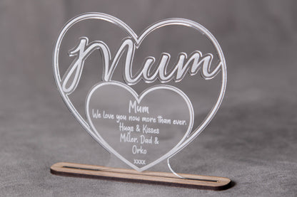 Mum Heart Shaped Laser Cut Acrylic Plaque